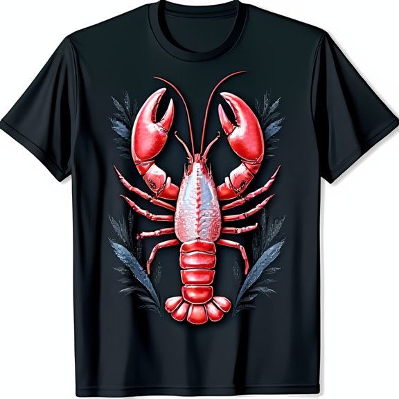 Intricate Red Lobster Graphic T-Shirt on Black Background with Green Leaves