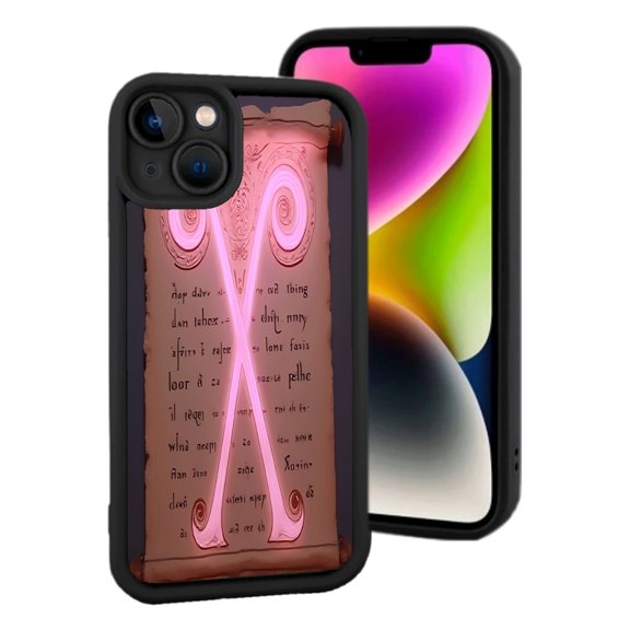 Intricate Scroll Design iPhone 15 Case - Lightweight Yellowing Resistant with Glowing Pink Symbol & Ancient Script Patterns