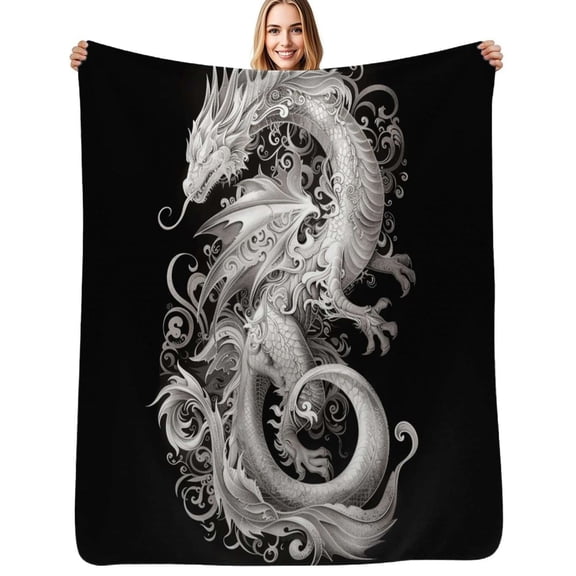 Intricate Silver Dragon Design Soft Blanket Travel Bedding Throws Flannel Bedspread Sofa Bed Cover