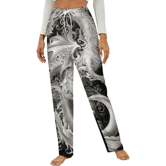 Intricate Silver Dragon Design Winter Female Pants Flannel High Waist Women Pants Lady Warm Straight Leg Plush Trousers