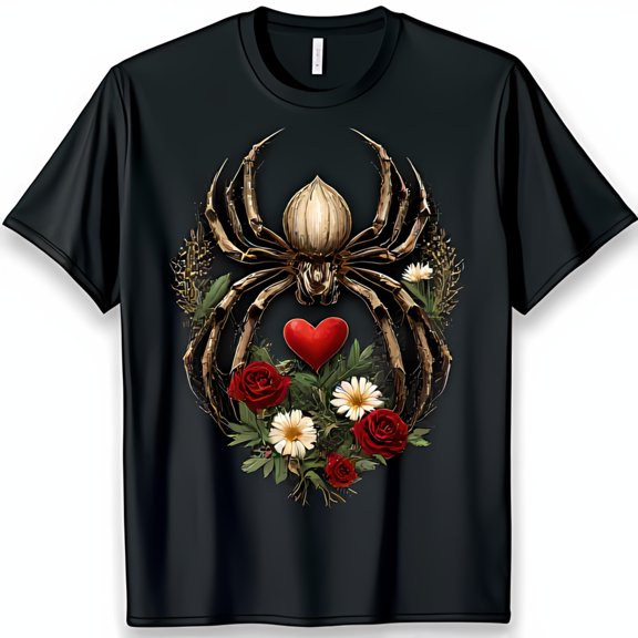 Intricate Spider and Floral Wreath Graphic on Black T-Shirt Unique Design
