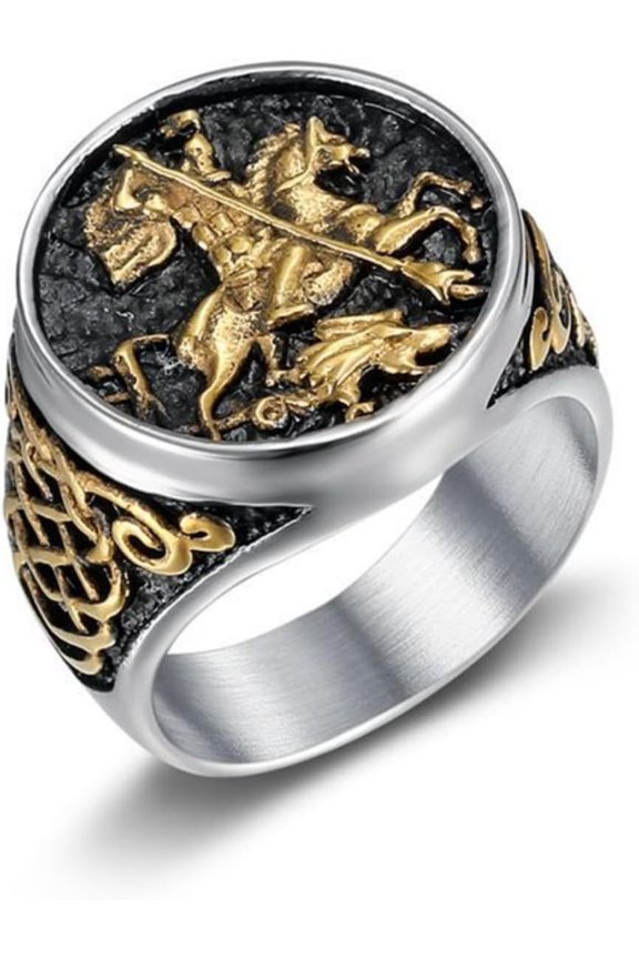 Intricate St. George Slaying the Dragon Design Ring Epic & Mythical Knots Style Titanium Steel Exquisite Medieval Knight Legend Jewelry