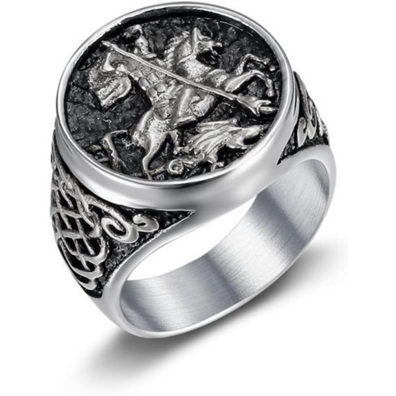 Intricate St. George Slaying the Dragon Design Ring Epic & Mythical Knots Style Titanium Steel Exquisite Medieval Knight Legend Jewelry