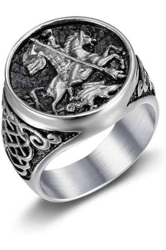 Intricate St. George Slaying the Dragon Design Ring Epic & Mythical Knots Style Titanium Steel Exquisite Medieval Knight Legend Jewelry