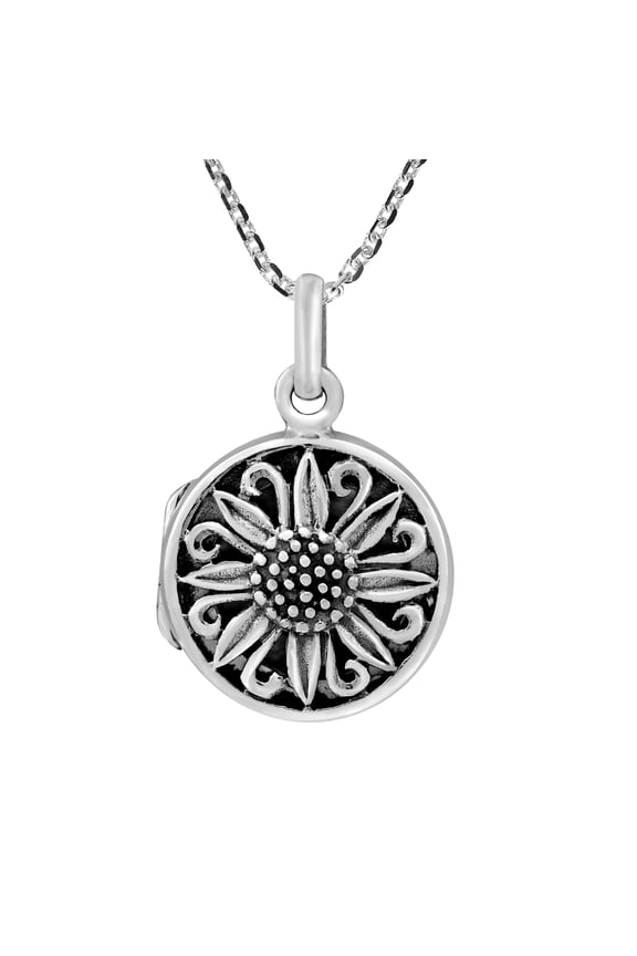 Intricate Sunflower Accent Round Sterling Silver Locket Pendant Necklace