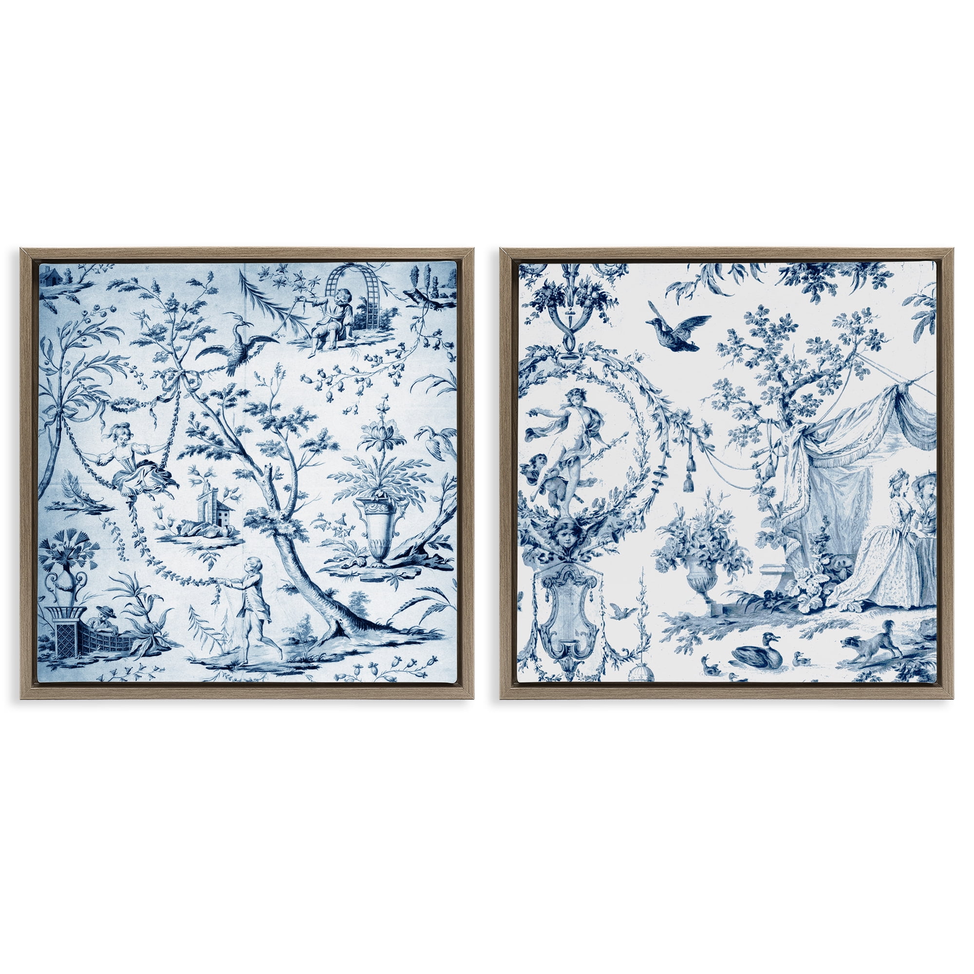 Intricate Toile Scenery 2 Piece Brown Framed Floater Canvas Set, design by Vintage Hustle