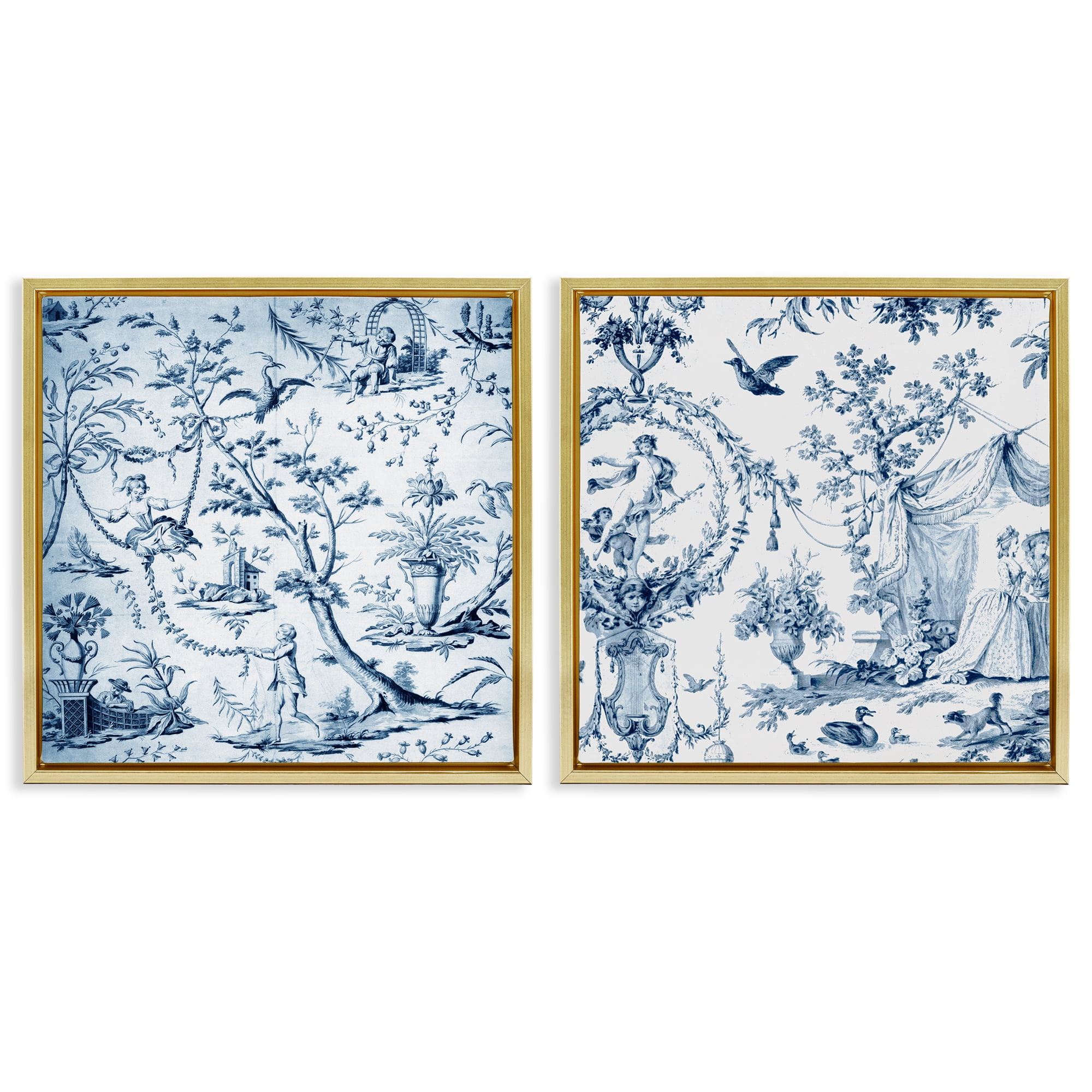 Intricate Toile Scenery 2 Piece Gold Framed Floater Canvas Set, design by Vintage Hustle