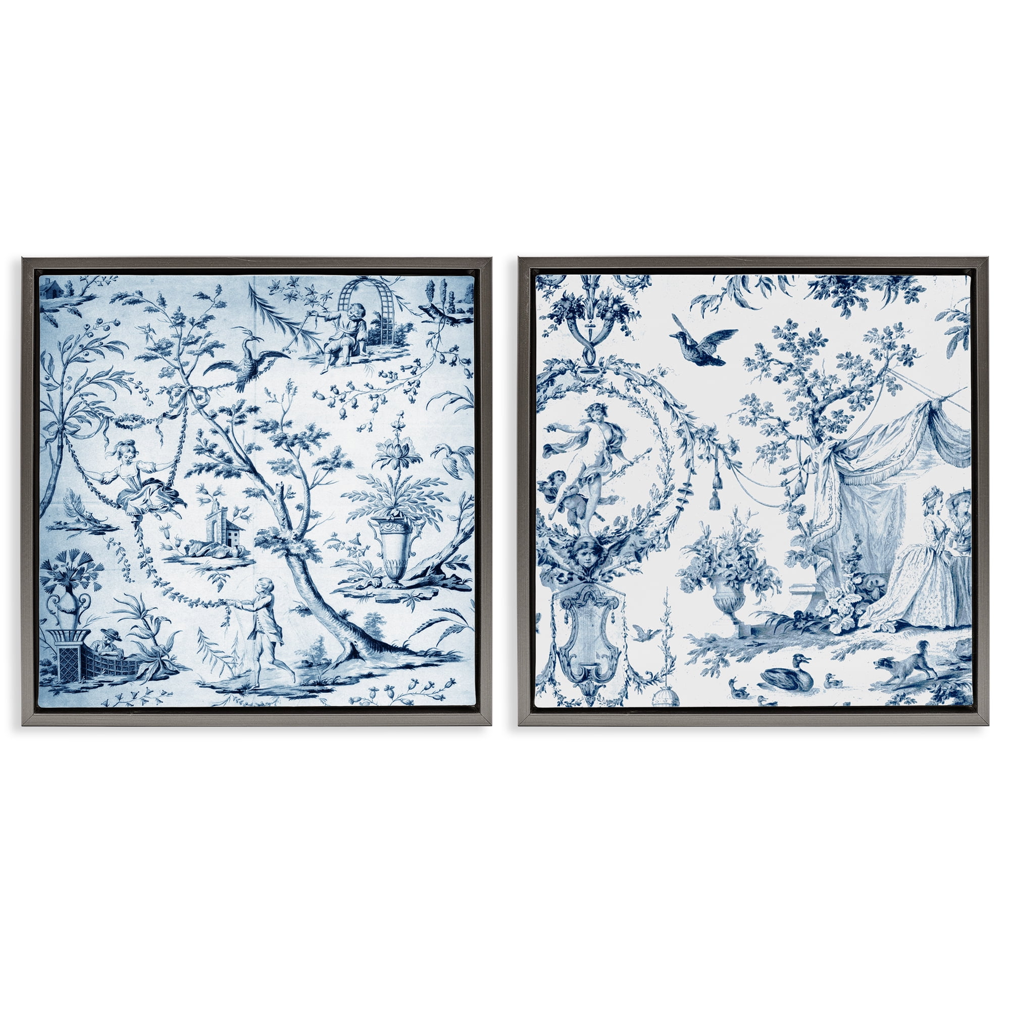 Intricate Toile Scenery 2 Piece Gray Framed Floater Canvas Set, design by Vintage Hustle