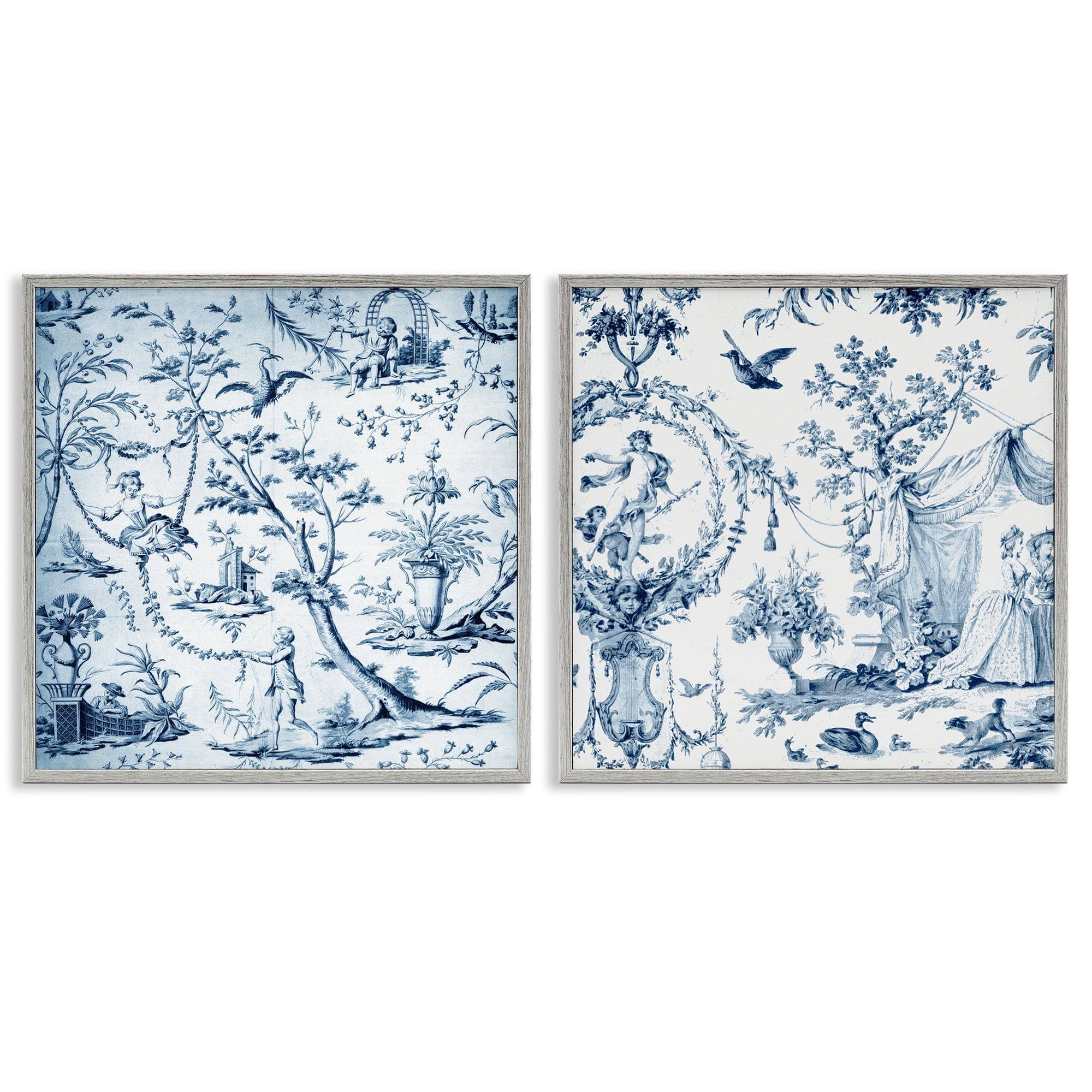 Intricate Toile Scenery 2 Piece Gray Framed Giclee Art Set, design by Vintage Hustle