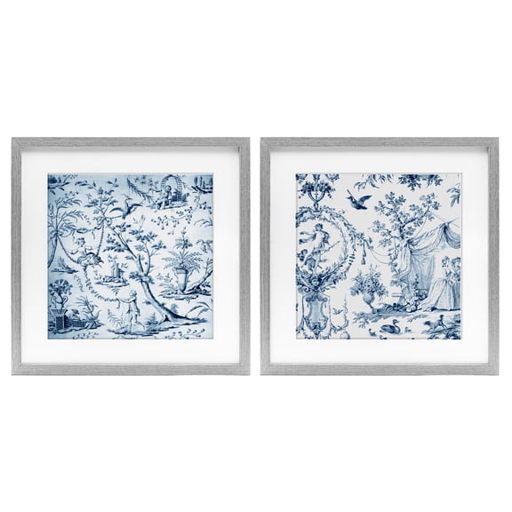 Intricate Toile Scenery 2 Piece Gray Framed Print Under Glass Set, design by Vintage Hustle