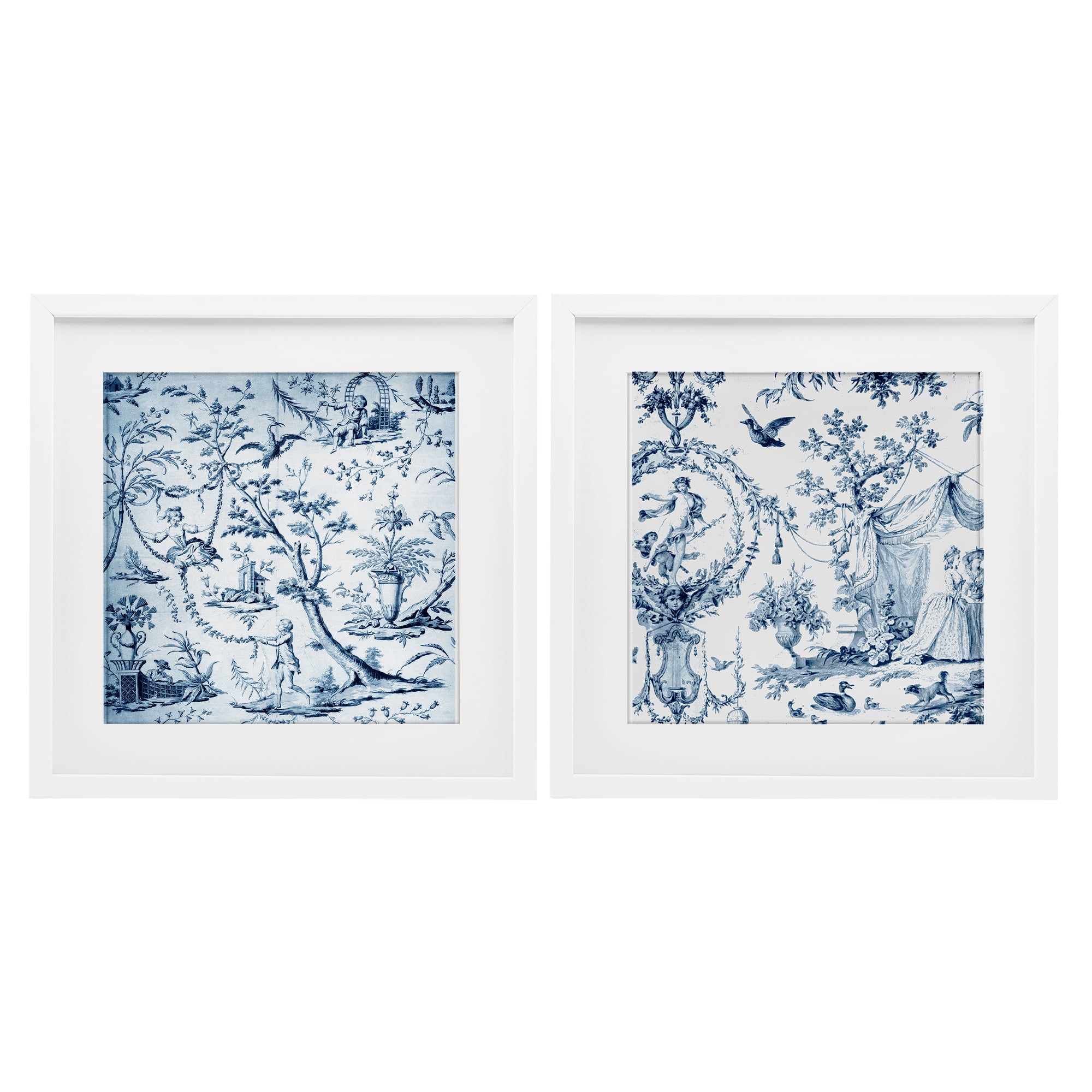 Intricate Toile Scenery 2 Piece White Framed Print Under Glass Set, design by Vintage Hustle
