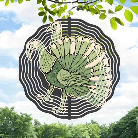 Intricate Turkey Design Metal Hanging Wind Spinner & Chime for Yard & Garden - Earthy Green & Beige Patterns Eye - Catching Decor