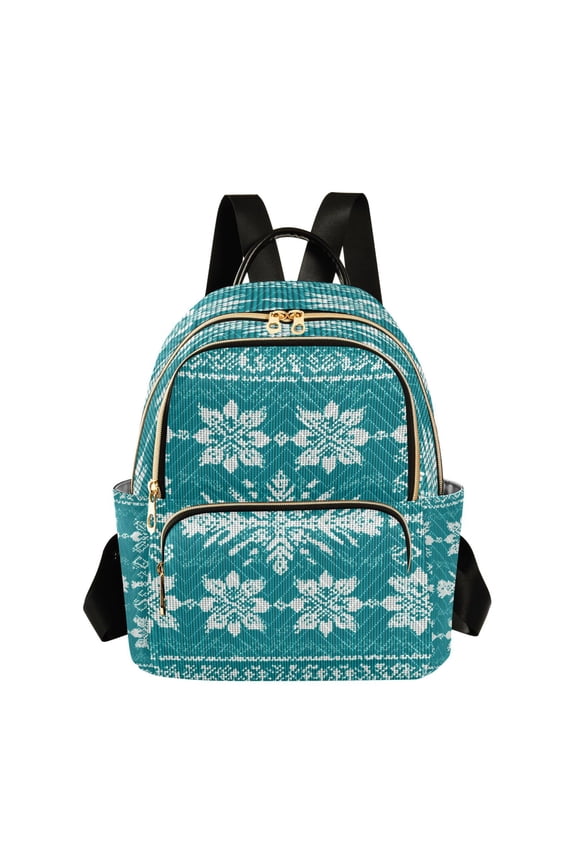 Intricate Turquoise White Knit Pattern Quilted Backpack Fashion Daypack Commuter Bag for Women 8.5 L