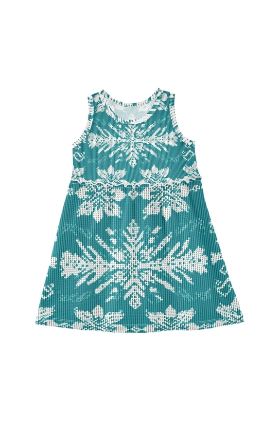 Intricate Turquoise White Knit Pattern Sleeveless Dress A-Line One-Piece Dress Quick Dry 6Y