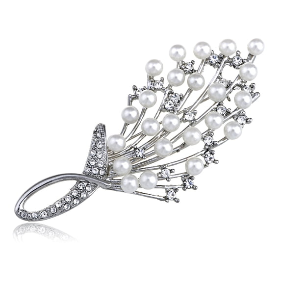 Intricate White Faux Pearl Clear Crystal Rhinestone Bouquet Design Pin Brooch