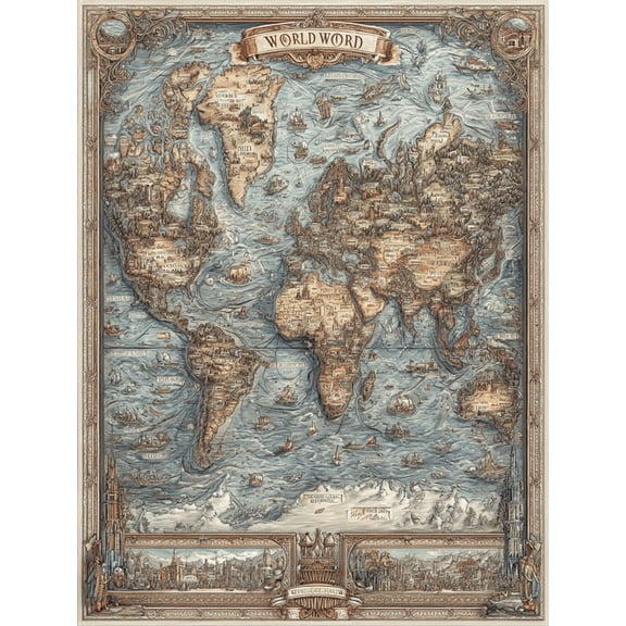 Intricate World Map Canvas Print, Suitable for Living Room Bedroom Office Study Hallway Home Decor