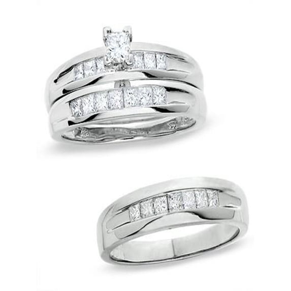 Intriguing Trio Marriage Rings 1 Carat Princess Cut Diamond on Gold