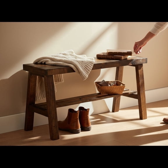 Intrinsic Haven Farmhouse Entry Bench, Solid Pine Wood, 36W x 20.5H x 12D inches, with Storage Shelf