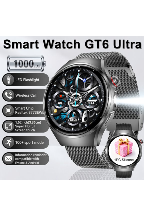 Introducing The Latest GT6 Ultra Smart Watch: Featuring a 1.52" HD Display, Wireless Calling, a Long-Lasting 1000Mah Battery, Over 100 Sports Modes, Music Control, And a Flashlight