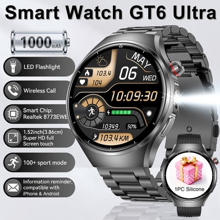Introducing The Latest GT6 Ultra Smart Watch: Featuring a 1.52" HD Display, Wireless Calling, a Long-Lasting 1000Mah Battery, Over 100 Sports Modes, Music Control, And a Flashlight