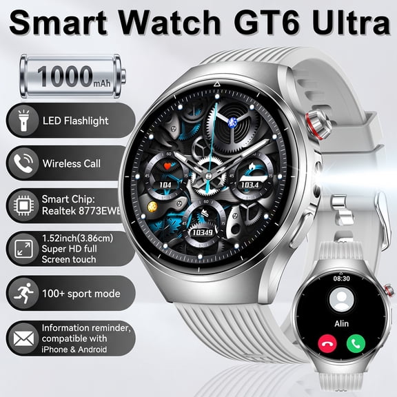 Introducing The Latest GT6 Ultra Smart Watch: Featuring a 1.52" HD Display, Wireless Calling, a Long-Lasting 1000Mah Battery, Over 100 Sports Modes, Music Control, And a Flashlight