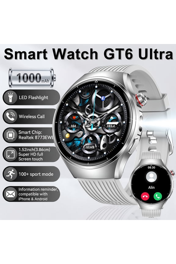 Introducing The Latest GT6 Ultra Smart Watch: Featuring a 1.52" HD Display, Wireless Calling, a Long-Lasting 1000Mah Battery, Over 100 Sports Modes, Music Control, And a Flashlight