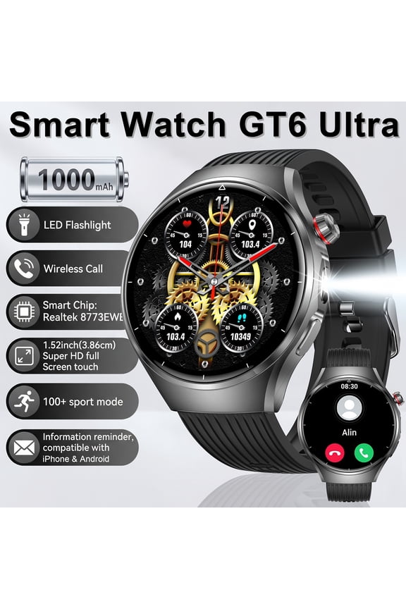 Introducing The Latest GT6 Ultra Smart Watch: Featuring a 1.52" HD Display, Wireless Calling, a Long-Lasting 1000Mah Battery, Over 100 Sports Modes, Music Control, And a Flashlight