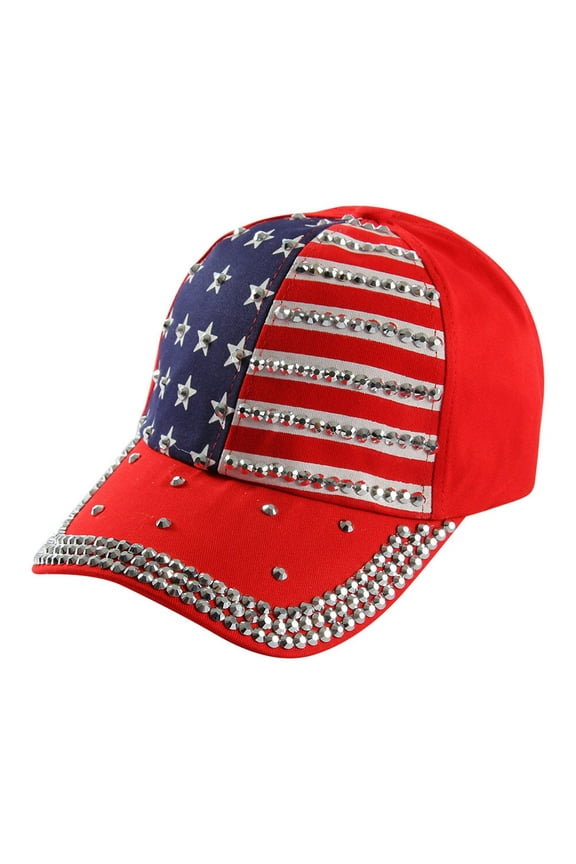 Introstore Woman's American Flag Baseball Sparkle Rhinestone Hat Red
