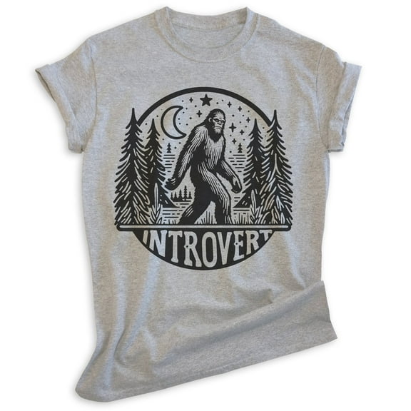Introvert Bigfoot T-shirt, Unisex Women's Men's Tee, Funny Bigfoot Sasquatch Yeti Introvert Outdoors, Heather Gray, Small