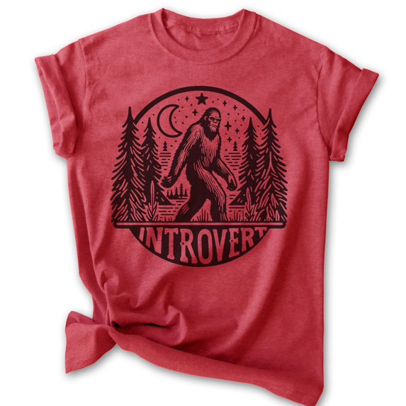Introvert Bigfoot T-shirt, Unisex Women's Men's Tee, Funny Bigfoot Sasquatch Yeti Introvert Outdoors, Heather Red, Large