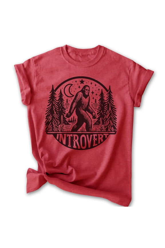 Introvert Bigfoot T-shirt, Unisex Women's Men's Tee, Funny Bigfoot Sasquatch Yeti Introvert Outdoors, Heather Red, Small