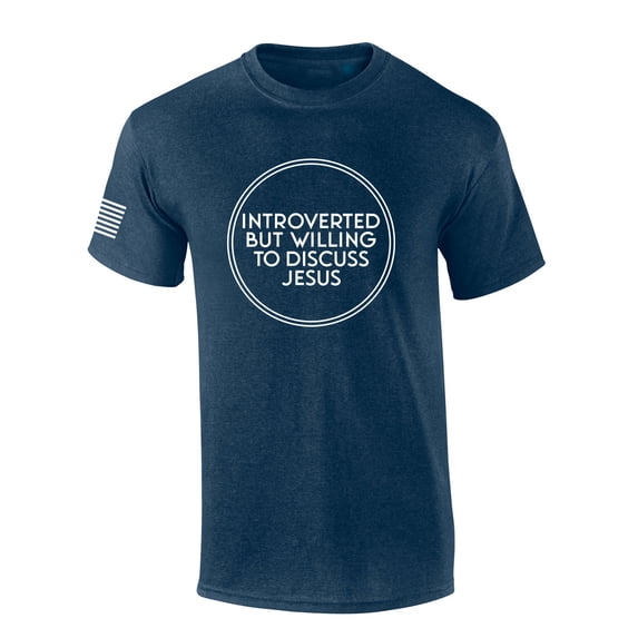 Introverted But Willing To Discuss Jesus Funny Bible Scripture Mens Christian Tshirt Cross Short Sleeve T-shirt Graphic Tee-Heather Navy-medium