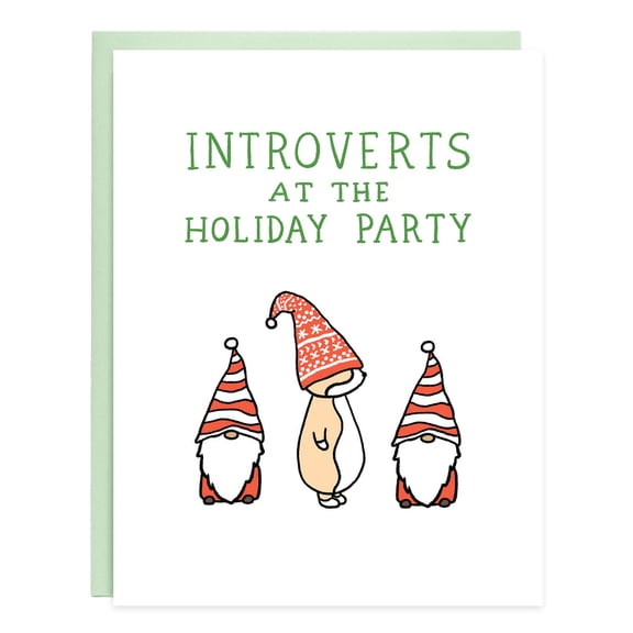 Introverts at the Holiday Party Card  Fun & Whimsical Design with Gnomes  Blank Inside for Personal Messages  Perfect Greeting Card for Introverts at Holiday Gatherings