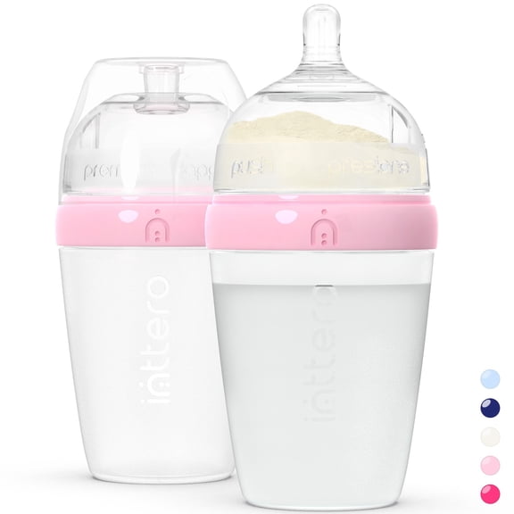Inttero Pre-loadable Anti-Colic Baby Bottle, 9oz, 2-Pack, Cute Pink