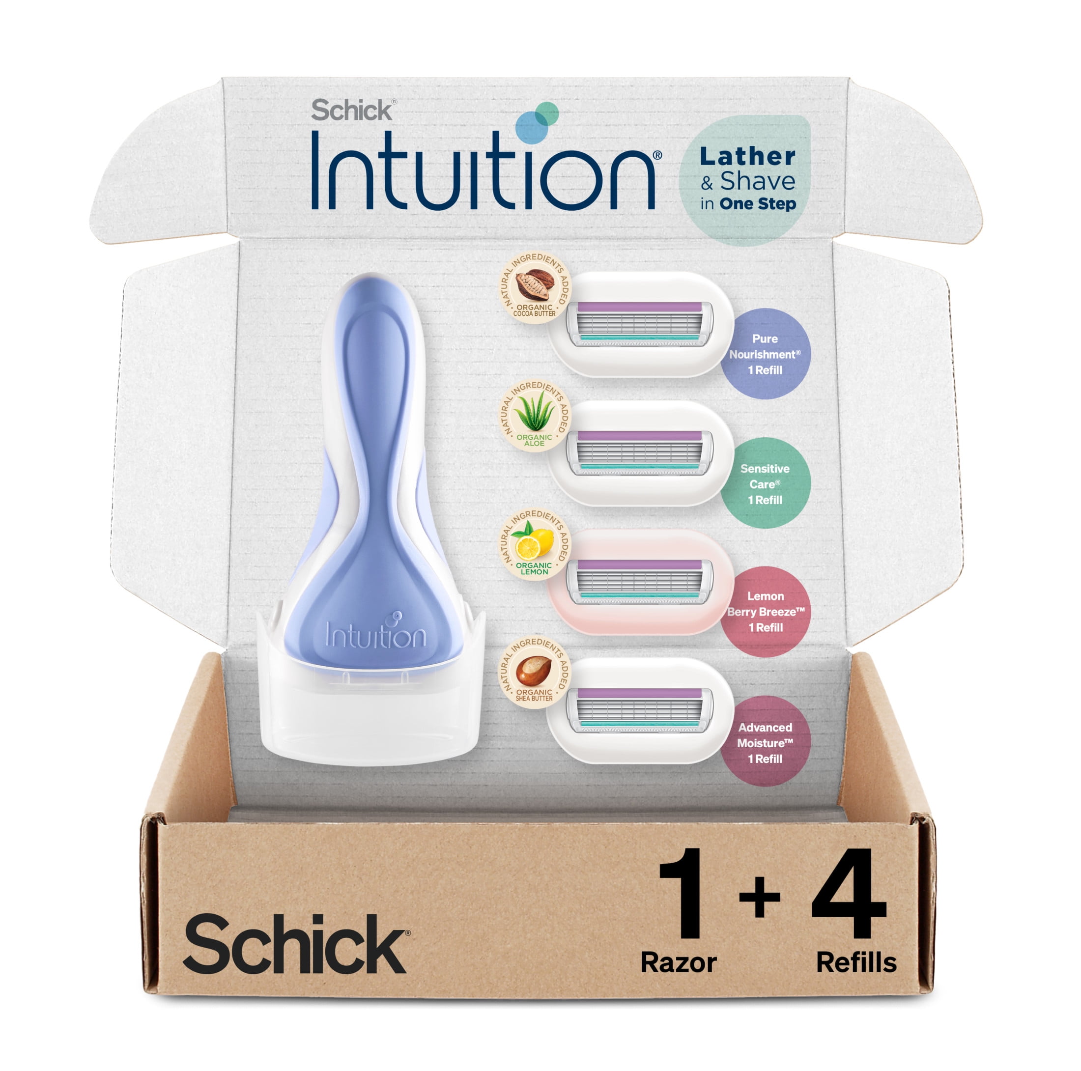 Schick Intuition 4-Blade Women's Razor Variety Pack, Includes 1 Women's Razor Handle & 4 Refills