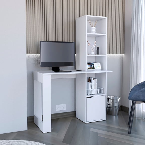 Intuitive Interlocking & High - Quality Build - A White Writing Desk with Bookcase for Hassle - free Assembly