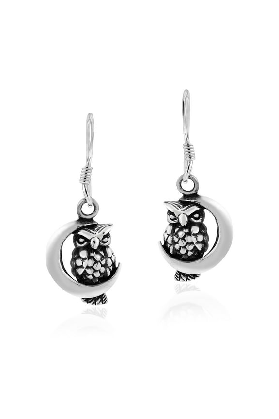 Intuitive Owl Perched on the Crescent Moon Sterling Silver Dangle Earrings for Female