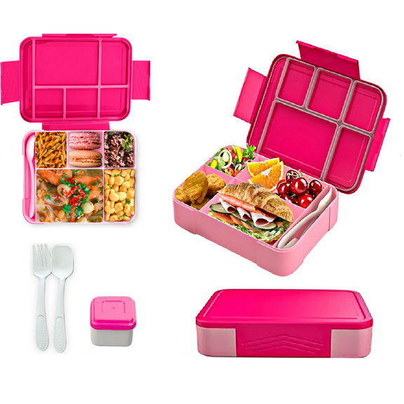 Inu, Bento Lunch Box for Kids Meals, 6 Food Section with Cutlery, Sauce Cup - Pink