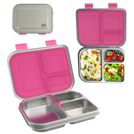 PoppiKids, Stainless Steel Bento Lunch Box, 3 Compartments, Leak-Proof, Pink