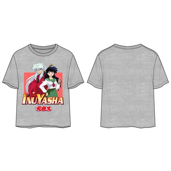 Inuyasha Anime Cartoon Characters Juniors Heather Grey Crop Top Graphic Tee - M