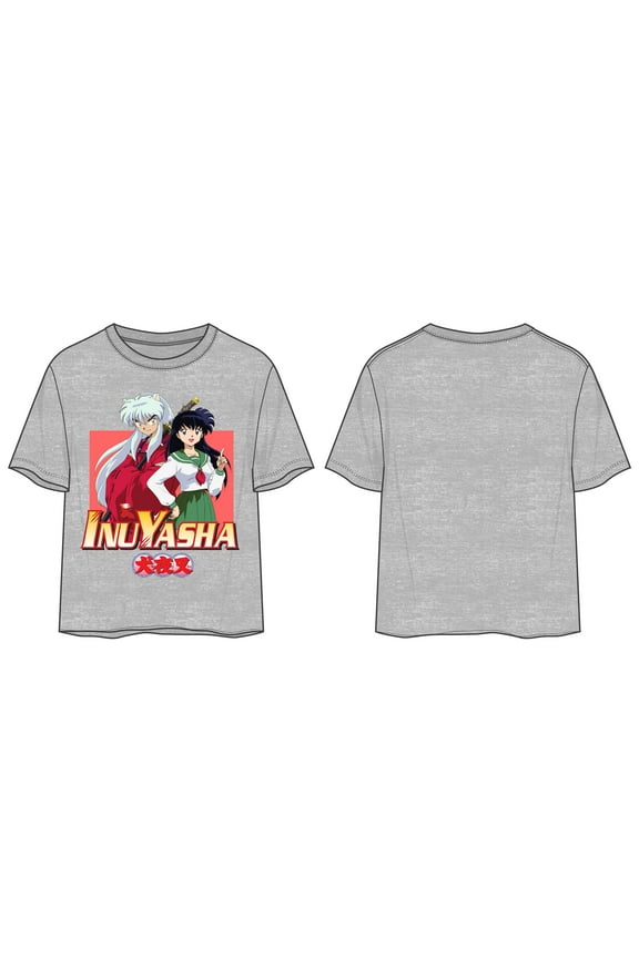 Inuyasha Anime Cartoon Characters Juniors Heather Grey Crop Top Graphic Tee - S