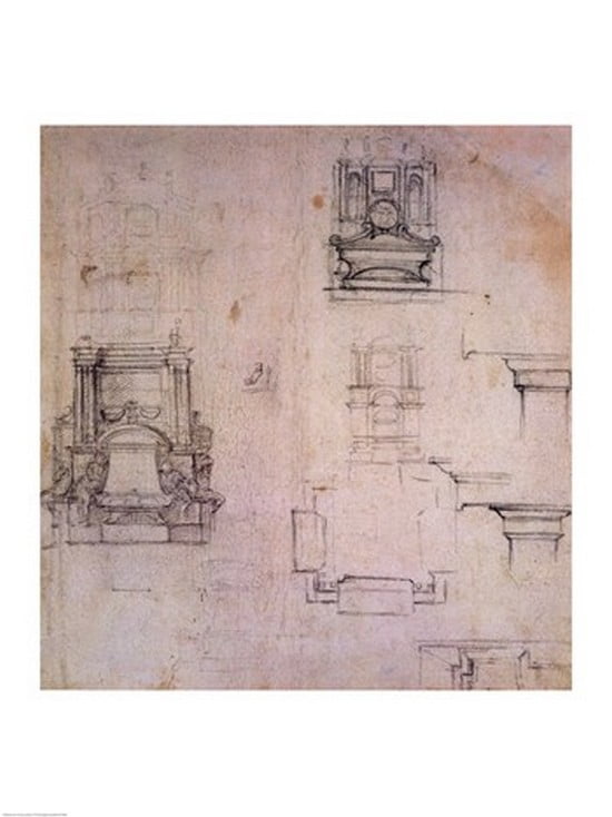 Inv 1859 6-25-545 R (W 25) Designs for tombs Canvas Art - Michelangelo Buonarroti (18 x 24)
