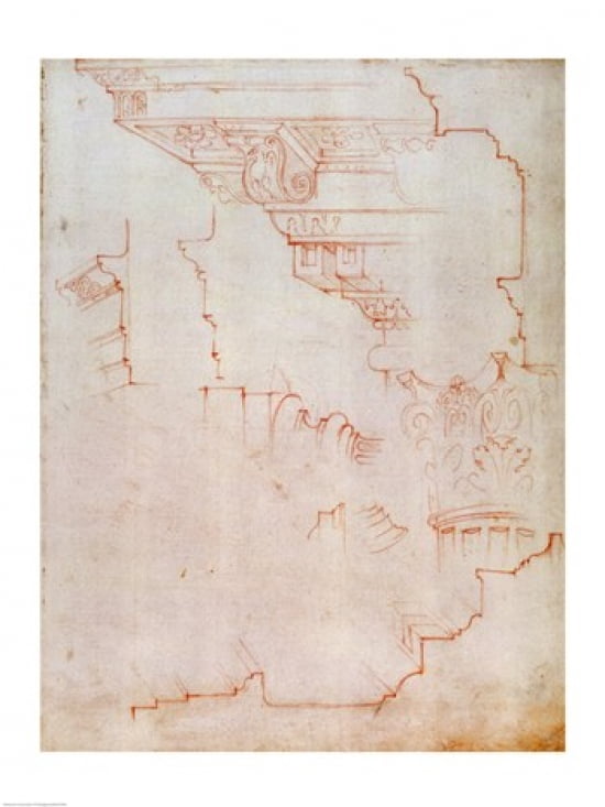 Inv 1859 6-25-5602 R (W19) Drawing of architectural details Canvas Art - Michelangelo Buonarroti (18 x 24)