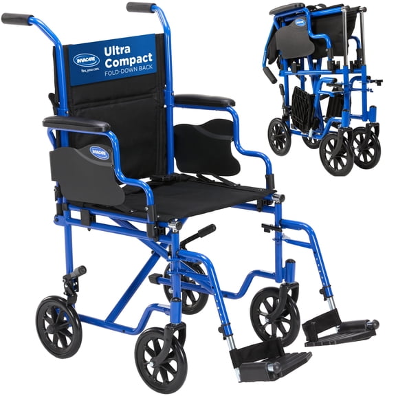 Invacare Transport Wheelchair w/19" Seat, Flip-Back Removable Arms, Seatbelt, Swing-Away Footrests - Blue