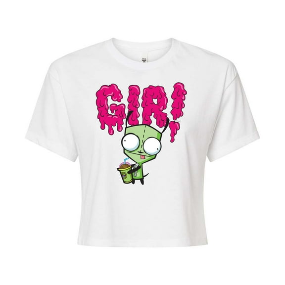 Invader ZIM - GIR Drinking and Sticking Tongue Out - Juniors Cropped Cotton Blend T-Shirt