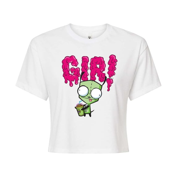 Invader ZIM - GIR Drinking and Sticking Tongue Out - Juniors Cropped Cotton Blend T-Shirt