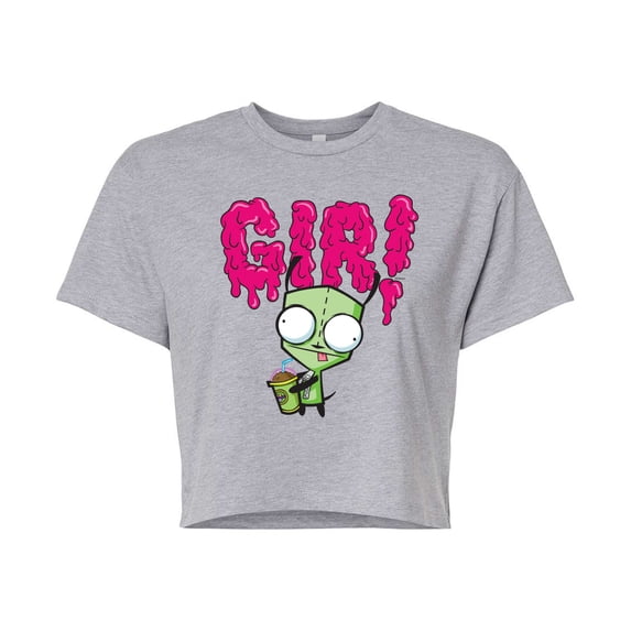 Invader ZIM - GIR Drinking and Sticking Tongue Out - Juniors Cropped Cotton Blend T-Shirt