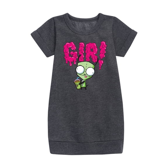 Invader ZIM - GIR Drinking and Sticking Tongue Out - Toddler And Youth Girls Fleece Dress