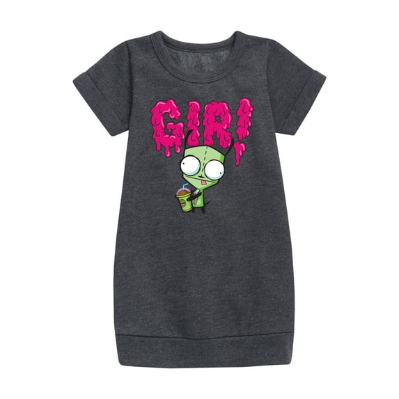 Invader ZIM - GIR Drinking and Sticking Tongue Out - Toddler And Youth Girls Fleece Dress