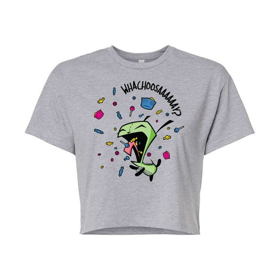 Invader ZIM - GIR Eating Candy - WHACHOOSAY - Juniors Cropped Cotton Blend T-Shirt